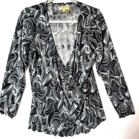 Notations Womens Top Sz 1X Faux Wrap Front Micro Accordion fabric Black & White - Picture 1 of 12